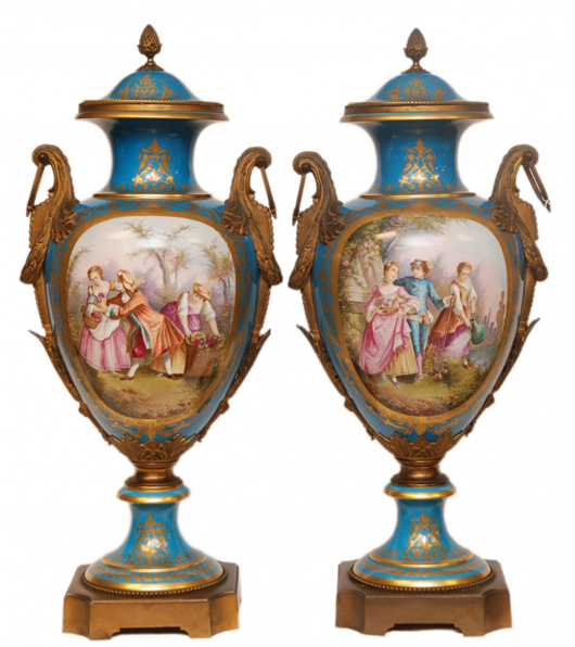 Pair of fine palace-size Sevres French hand-painted porcelain and bronze celeste blue urns. Image courtesy of Elite Decorative Arts.
